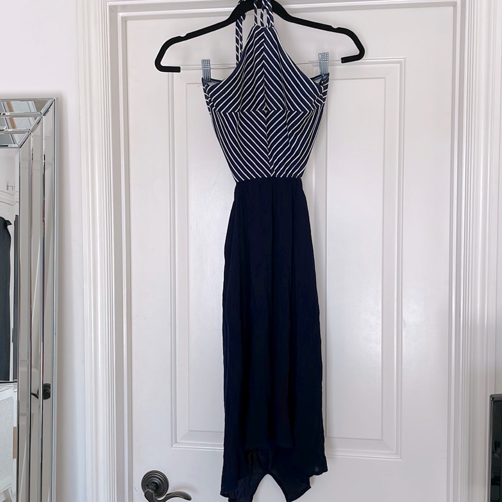 Mid length navy blue and white dress